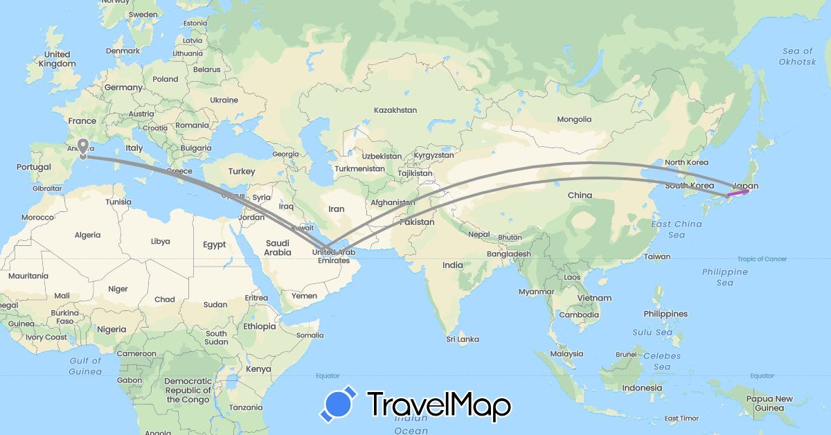 TravelMap itinerary: plane, train in United Arab Emirates, Spain, Japan, Qatar (Asia, Europe)